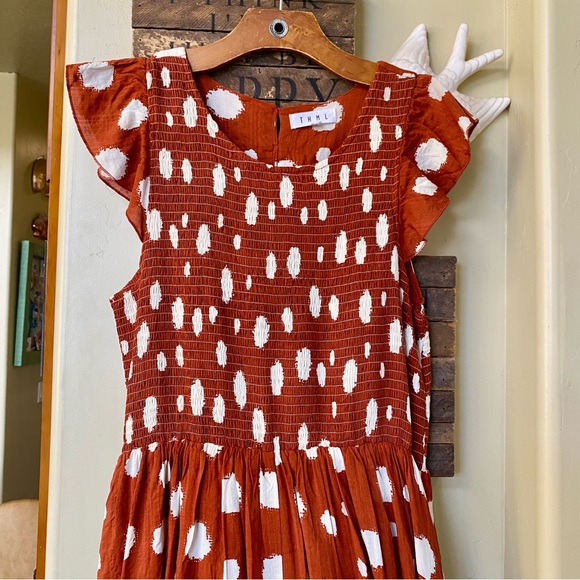 THML Rust Polka Dot Smocked Flutter Sleeve Dress - Picture 5 of 15